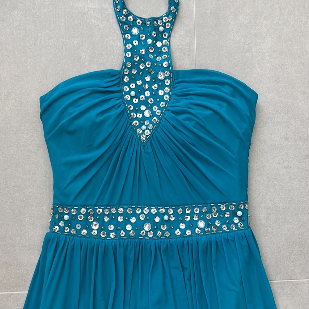 women size small turquoise party dress beads neckline halter lightweight teal